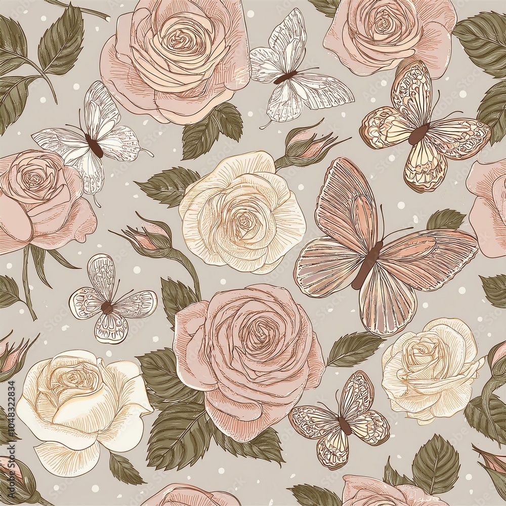 Colorful Botanical Pattern with Butterflies on Dark Background Colorful Botanical Pattern with Butterflies on Dark Background
