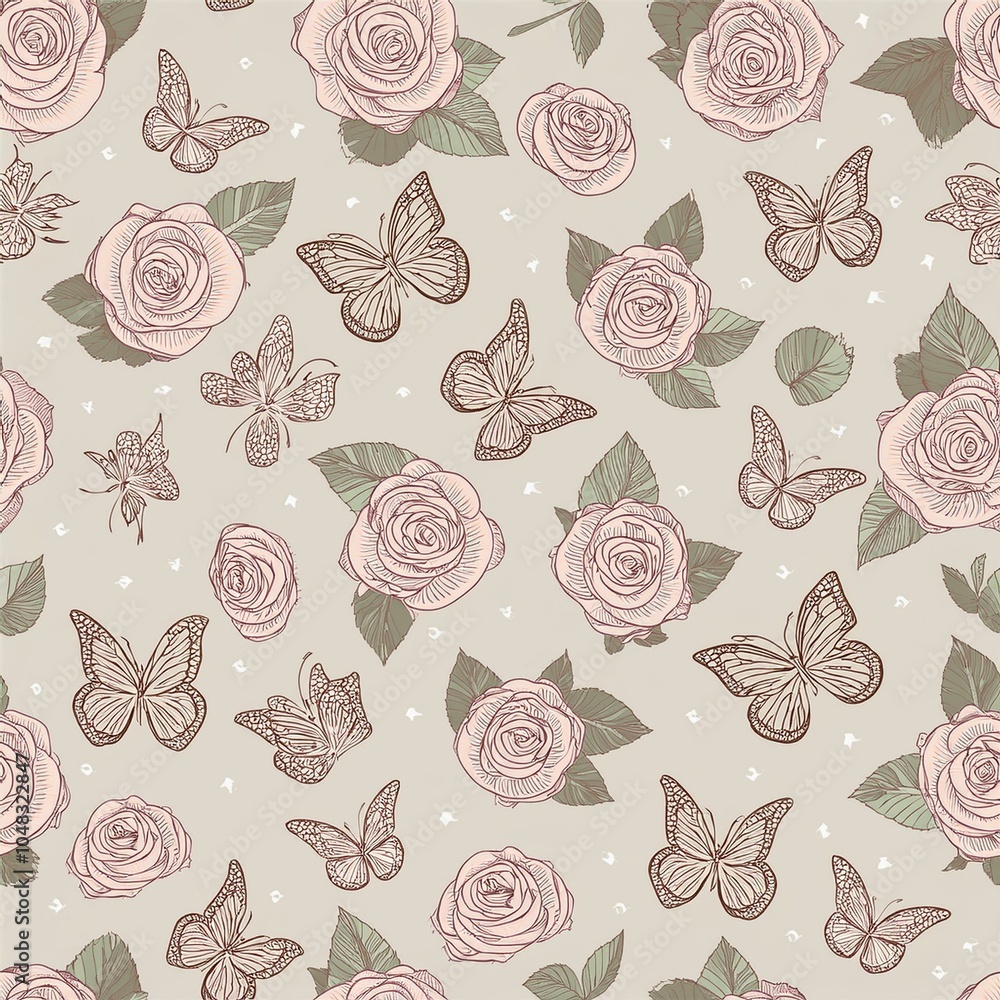 Colorful Botanical Pattern with Butterflies on Dark Background Colorful Botanical Pattern with Butterflies on Dark Background