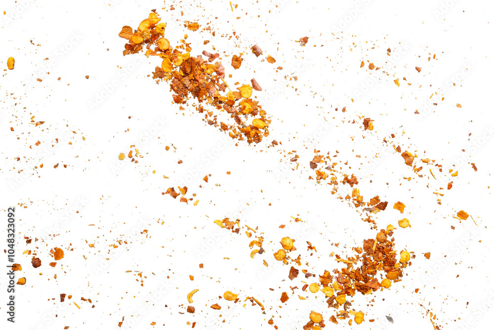 dried red chili pepper flakes and seeds isolated on white background dried red chili pepper flakes and seeds isolated on white background