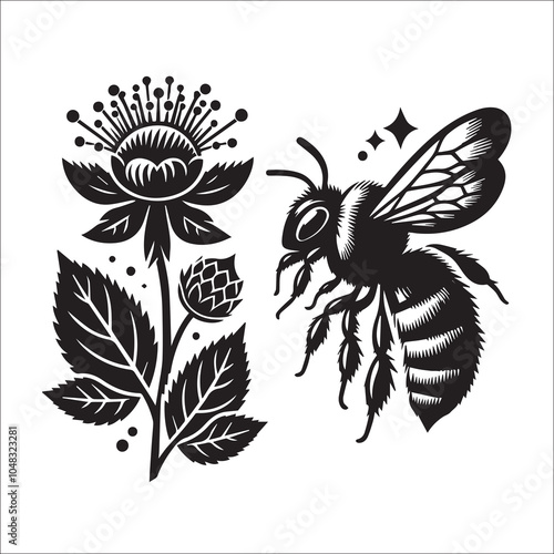 Bumble Bee Flower Clipart SVG black and white silhouette Vector Design
