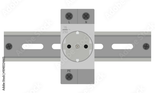 Modular power socket of type F mounted on a DIN rail. Vector illustration in flat style