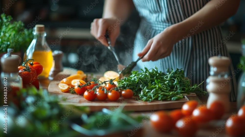 A woman is cutting up vegetables on a cutting board A woman is cutting up vegetables on a cutting board