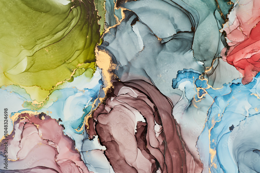 Obraz premium Currents of translucent hues, snaking metallic swirls, and foamy sprays of color shape the landscape of these free-flowing textures. Natural luxury abstract fluid art painting in liquid ink technique