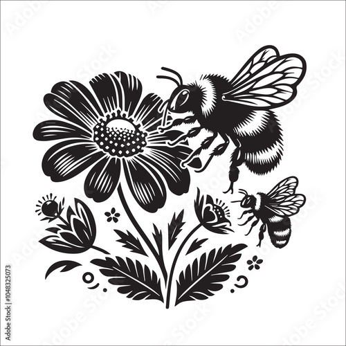 Bumble Bee Flower Clipart SVG black and white silhouette Vector Design