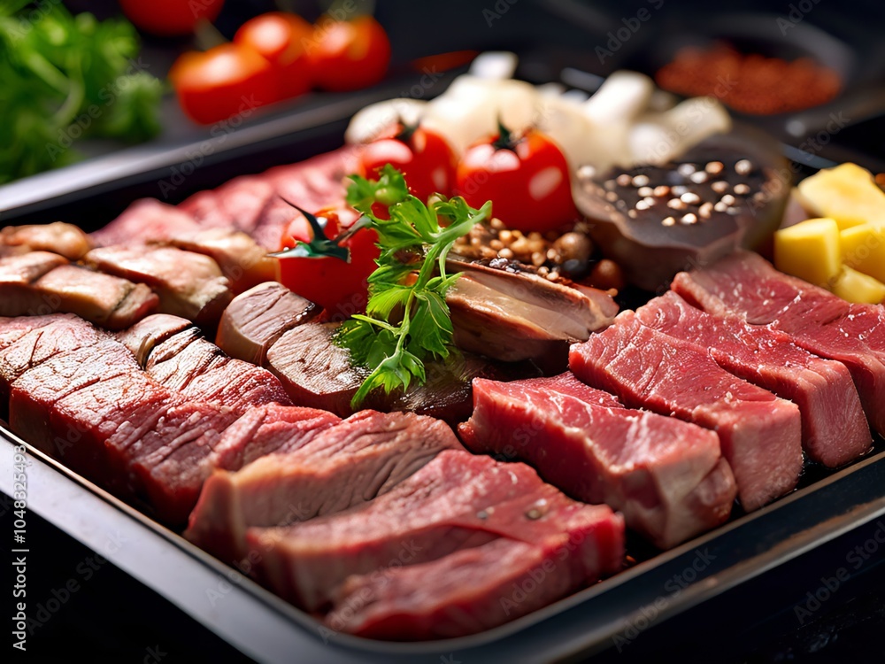 Food ingredients, cooking, fresh vegetables, beef, steak, sushi, fish, seafood, shrimp, Food ingredients, cooking, fresh vegetables, beef, steak, sushi, fish, seafood, shrimp,
