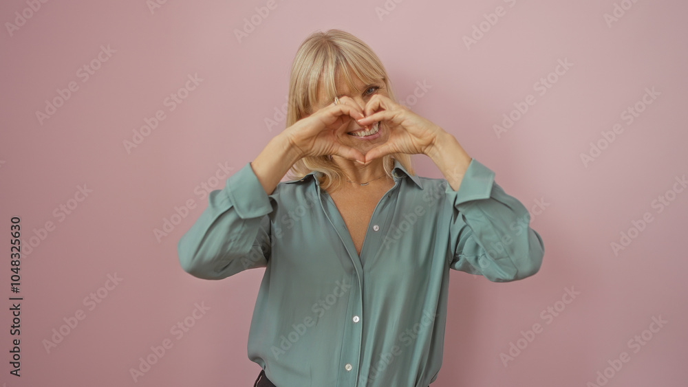 Mature woman with blonde hair making a heart shape with her hands over isolated pink wall in a beautiful and playful gesture Mature woman with blonde hair making a heart shape with her hands over isolated pink wall in a beautiful and playful gesture