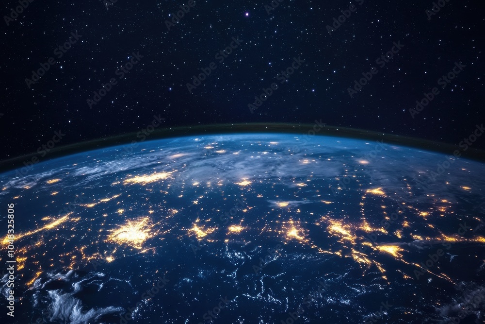 Fototapeta premium Planet spins in the cosmos, shedding light on cities with their evening radiance