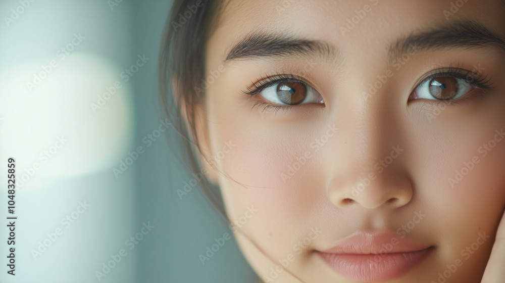 Fototapeta premium Young Asian Woman Embracing Natural Beauty and Self Care