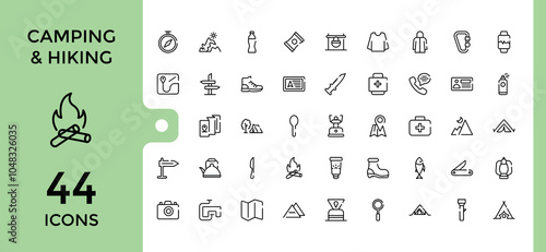 Hiking icon collection. Contains related to outdoors, Camping, adventure, climber, tourism, hiking and more. Outline icons pack. Vector outline icons set.