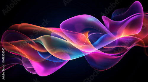 A dynamic arrangement of abstract shapes glowing in neon colors against a dark background