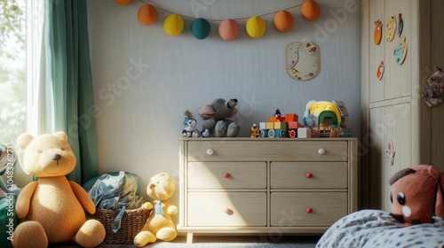 Kida??s room with plush toys, colorful garland, sideboard, and personal accessories photo