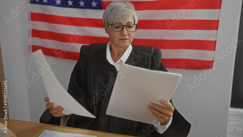 Elderly female judge examines documents in a courtroom with an american flag backdrop, signifying justice and professionalism in the united states legal system. photo