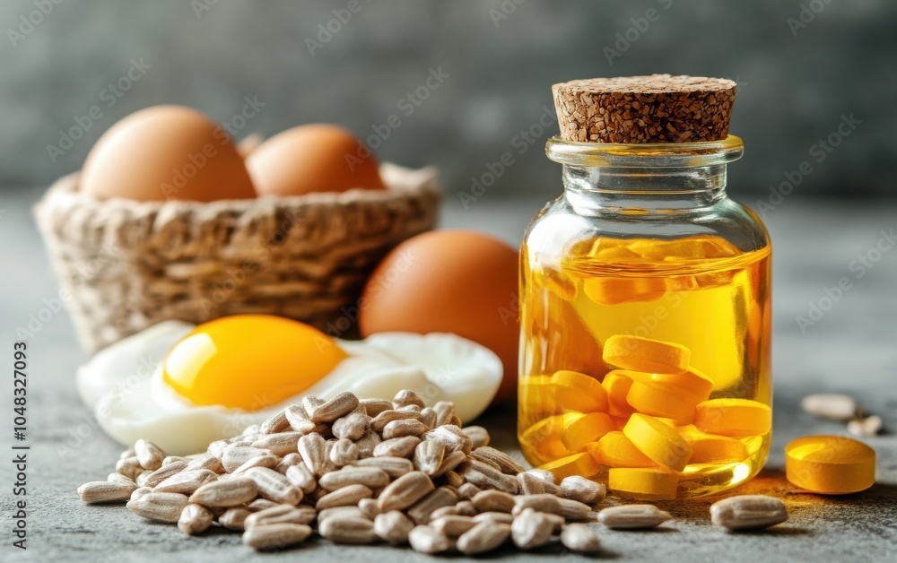Choline with Inositol: Close-up of choline and inositol tablets in a minimalist bottle, with fresh egg yolks and sunflower seeds for brain and liver health Choline with Inositol: Close-up of choline and inositol tablets in a minimalist bottle, with fresh egg yolks and sunflower seeds for brain and liver health