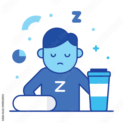 Blue Monday,  Tired Person with Coffee and Empty Battery Icon, Surrounded by Z's in a Simple Vector Design