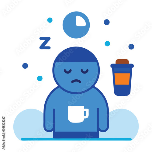 Blue Monday,  Tired Person with Coffee and Empty Battery Icon, Surrounded by Z's in a Simple Vector Design