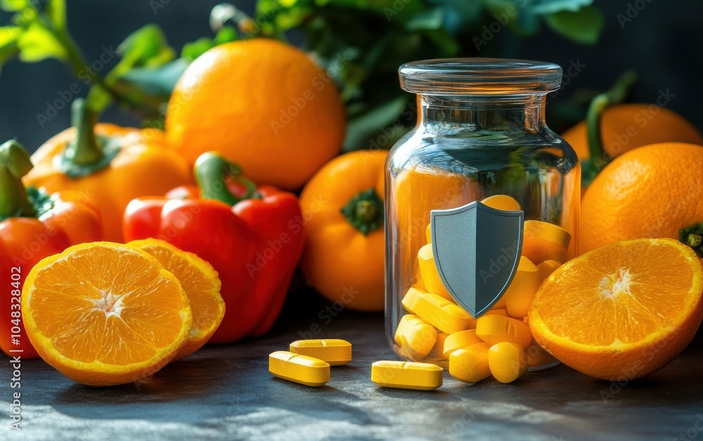 Vitamin C with Zinc: Close-up of Vitamin C and zinc tablets in a clear bottle, surrounded by fresh oranges, bell peppers, and a shield symbol for immunity support Vitamin C with Zinc: Close-up of Vitamin C and zinc tablets in a clear bottle, surrounded by fresh oranges, bell peppers, and a shield symbol for immunity support