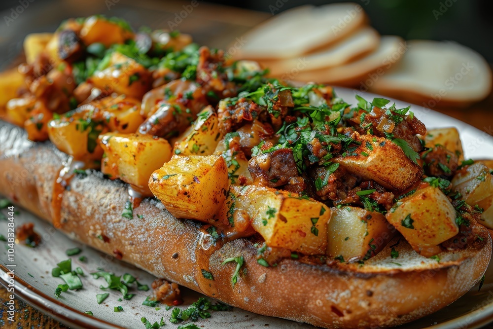 A serving of pambazos, a sandwich dipped in red guajillo pepper sauce, filled with potatoes, chorizo, lettuce, crema, and cheese A serving of pambazos, a sandwich dipped in red guajillo pepper sauce, filled with potatoes, chorizo, lettuce, crema, and cheese