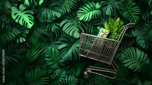 shopping cart filled with eco friendly products sits against lush green backdrop of tropical leaves, symbolizing sustainability and conscious consumerism photo