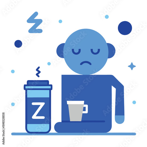 Blue Monday Tired Person with Coffee and Empty Battery Icon, Surrounded by Z's in a Simple Vector Design