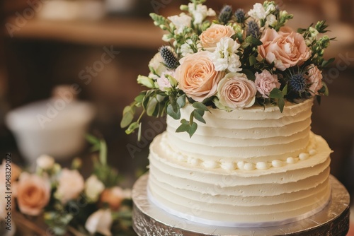 country-themed wedding cake, a countryside-themed wedding cake with fresh blooms and greenery for a cozy rustic wedding celebration photo