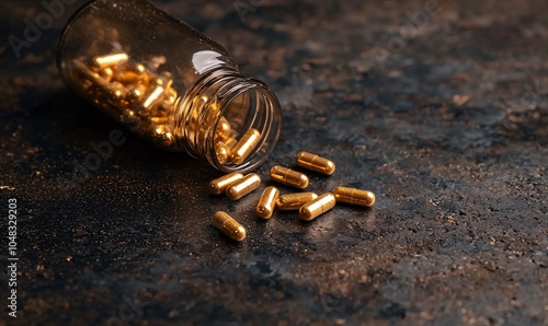 A glass bottle spills golden capsules onto a textured surface, highlighting dietary supplements in an appealing, stylish composition.