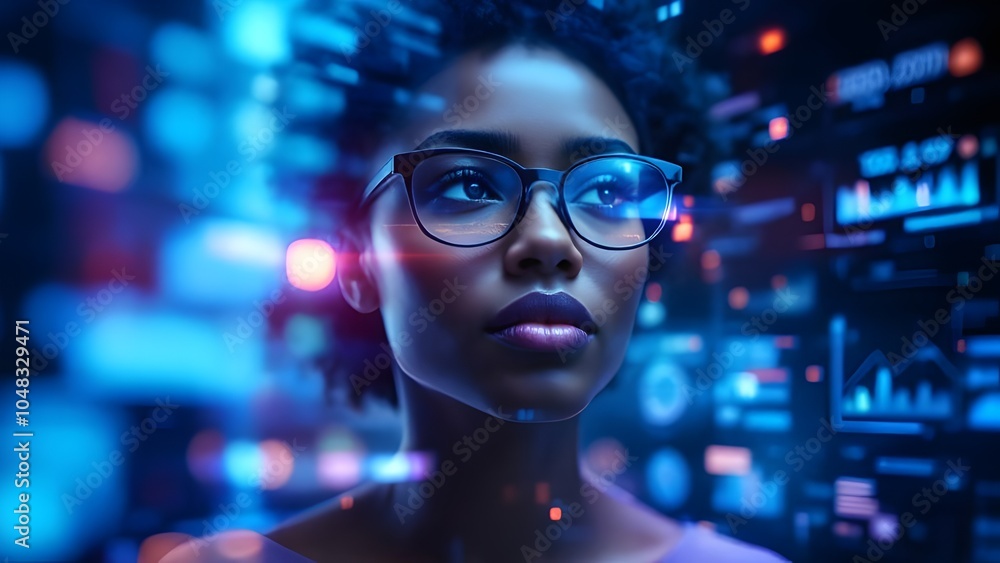 African woman on technology blue color background futuristic computer cyberpunk innovation wearing glasses African woman on technology blue color background futuristic computer cyberpunk innovation wearing glasses