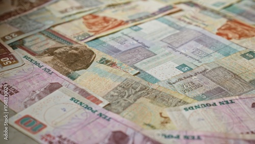 Egyptian pounds banknotes scattered on a surface, depicting various denominations and intricate designs, highlighting the diverse and vibrant currency of egypt.