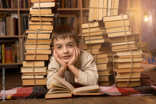 A child enjoying time with books, lying between book stacks, smiling. Ideal for content related to kids’ education, reading habits, and academic inspiration photo