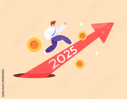 concept of business development and performance in 2025. increase in income, profits and sales in 2025. illustration of a businessman continuing to move forward to success. up arrow. flat style design