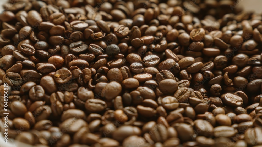 Fototapeta premium Closeup of roasted coffee beans scattered in a pile highlighting rich textures and deep brown color for a warm and inviting feel
