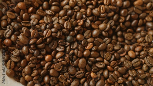 Closeup of roasted coffee beans forming a rich and aromatic texture, ideal for coffee enthusiasts and cafes