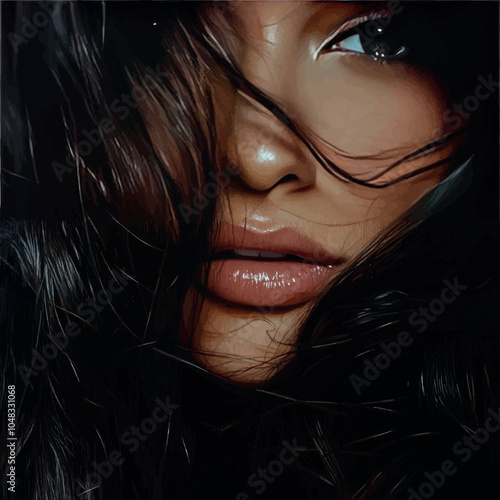 Close-up portrait of a brunette with long hair, vector, isolated, on a black background. Illustration for advertising products for women, hair care products, modern print, printing on packaging.