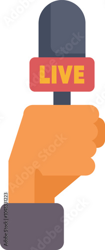 Hand holding a microphone with live sign, reporting directly from the scene of events