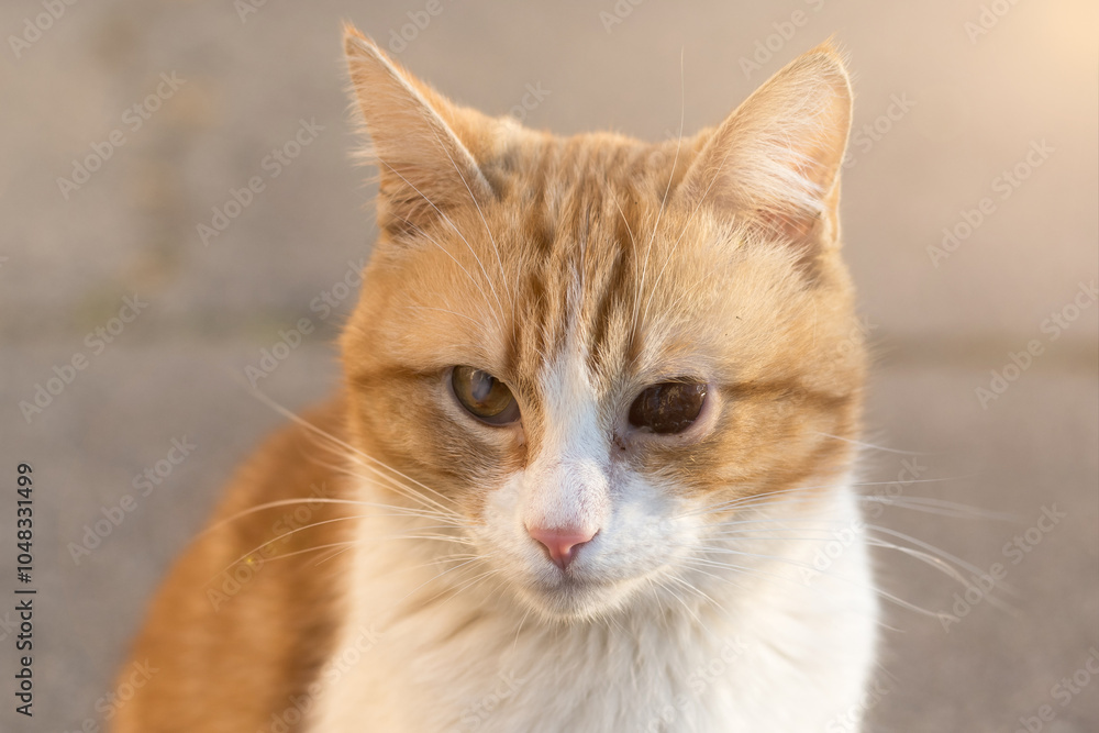 Naklejka premium Ginger cat with a distinctive eye, illuminated by gentle light. Suitable for pet rescue, love for animals, and heartwarming stories