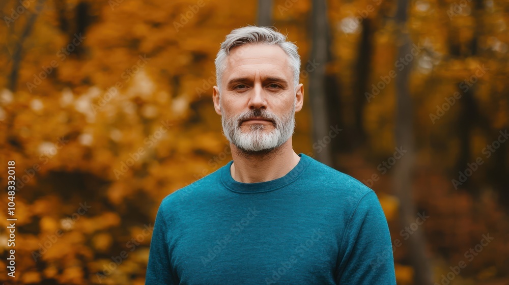 Obraz premium Portrait of a mature man with a beard and gray hair is wearing a blue sweater and standing in a forest. He has a smile on his face and he is enjoying the outdoors