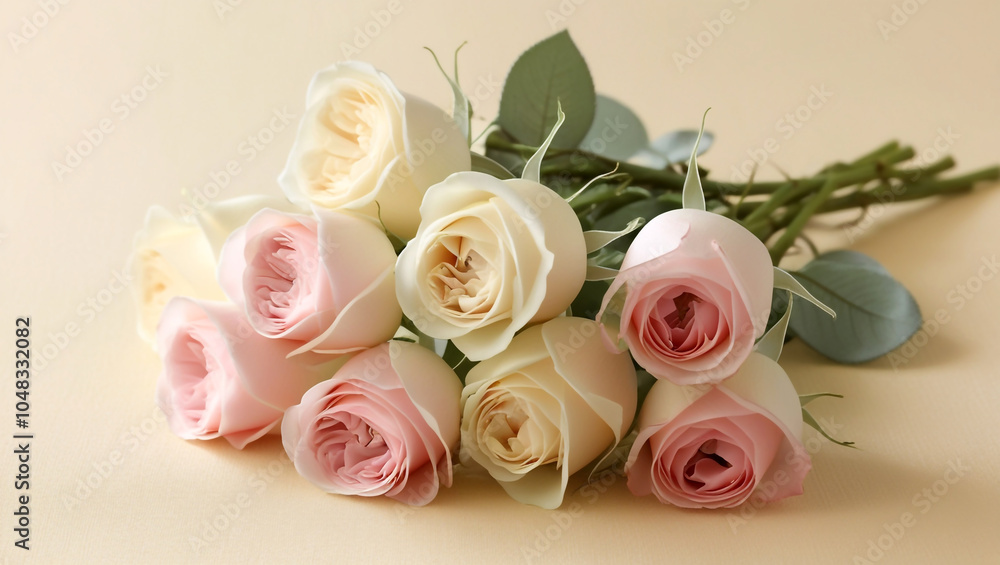 Five soft pink and four beige roses lie on a light surface. Five soft pink and four beige roses lie on a light surface.