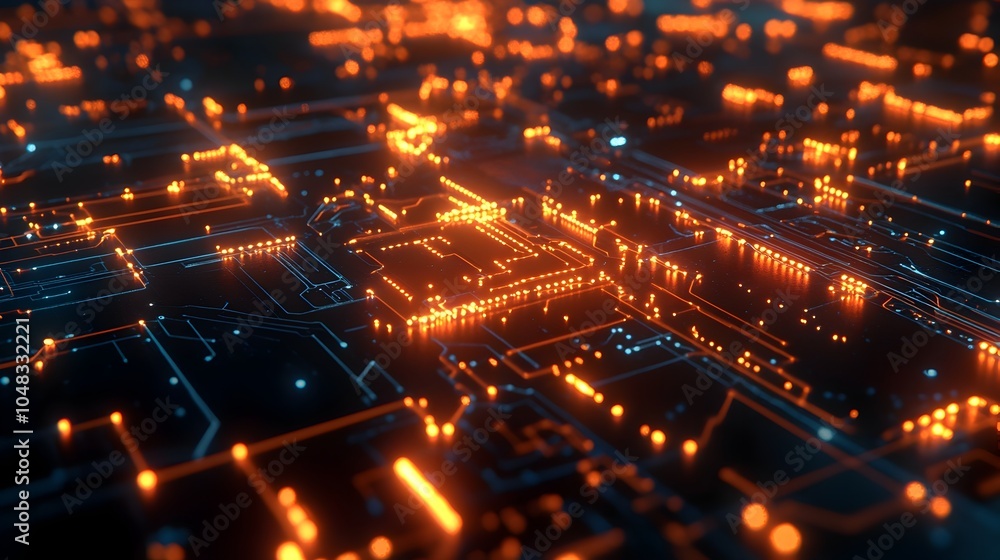 Fototapeta premium A captivating 3D rendered image depicting a futuristic microchip embedded within a dynamic circuit board pulsing with vibrant energy lines and intricate connectors