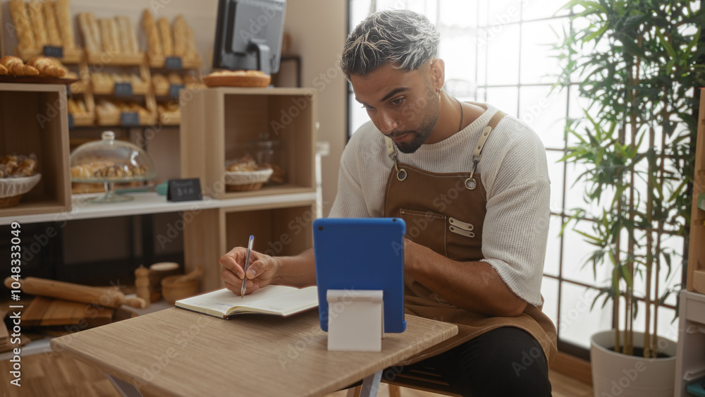 Young muslim man with a beard writing notes in a bakery cafe interior, wearing an apron and working with a tablet Young muslim man with a beard writing notes in a bakery cafe interior, wearing an apron and working with a tablet