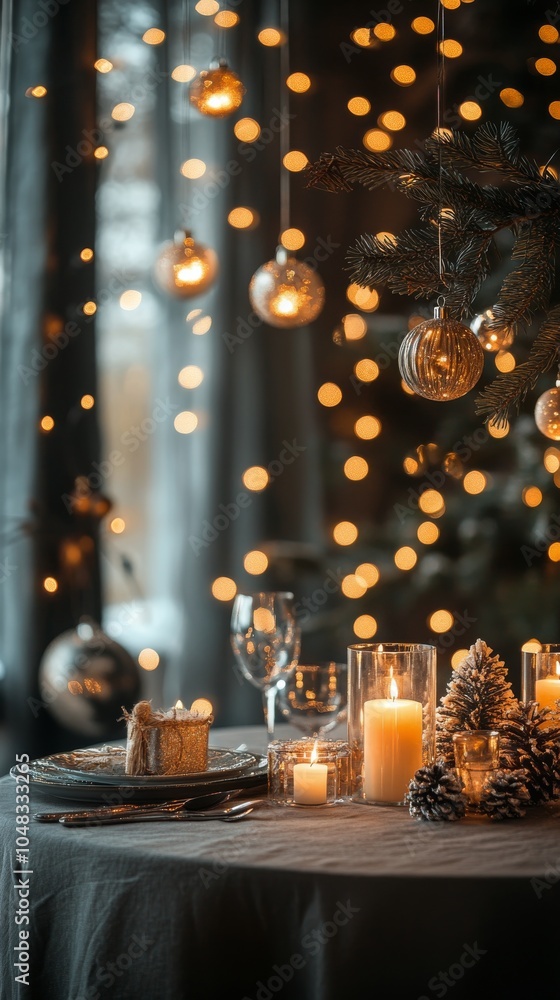 Elegant dinner table adorned with candles and festive lights in a cozy setting Elegant dinner table adorned with candles and festive lights in a cozy setting