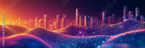 Vibrant city skyline at sunset featuring illuminated buildings and flowing di...