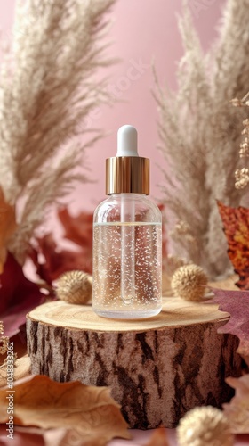Clear serum bottle on a wooden slice surrounded by autumn foliage in a cozy s...