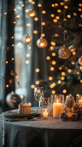 Elegant dinner table adorned with candles and festive lights in a cozy setting