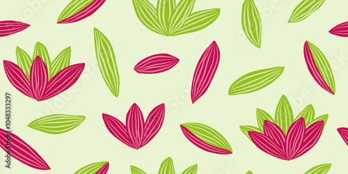 Hand drawn unique striped leaves seamless pattern with green and purple colors. Tropical leaf herbs pattern Design for fabric, wrapping, cover, wall art, decoration. photo