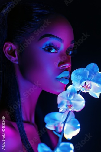A young woman with blue lips poses gracefully with a white orchid in a vibran...
