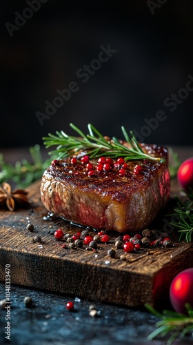 Beautifully styled grilled steak with herbs and festive decorations on wooden...