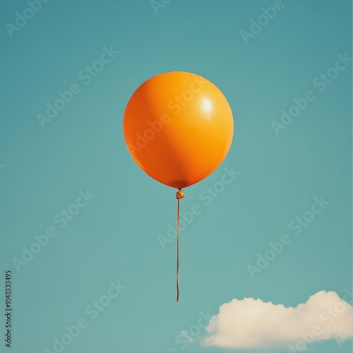 An orange balloon floating against a clear blue sky with fluffy white clouds ...