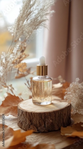 Clear serum bottle on a wooden slice surrounded by autumn foliage in a cozy s...