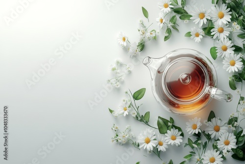 A clear teapot filled with amber herbal tea surrounded by blooming white dais...