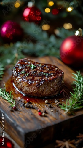 Beautifully styled grilled steak with herbs and festive decorations on wooden...