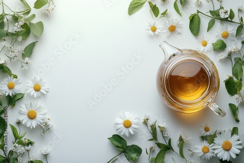 A clear teapot filled with amber herbal tea surrounded by blooming white dais...